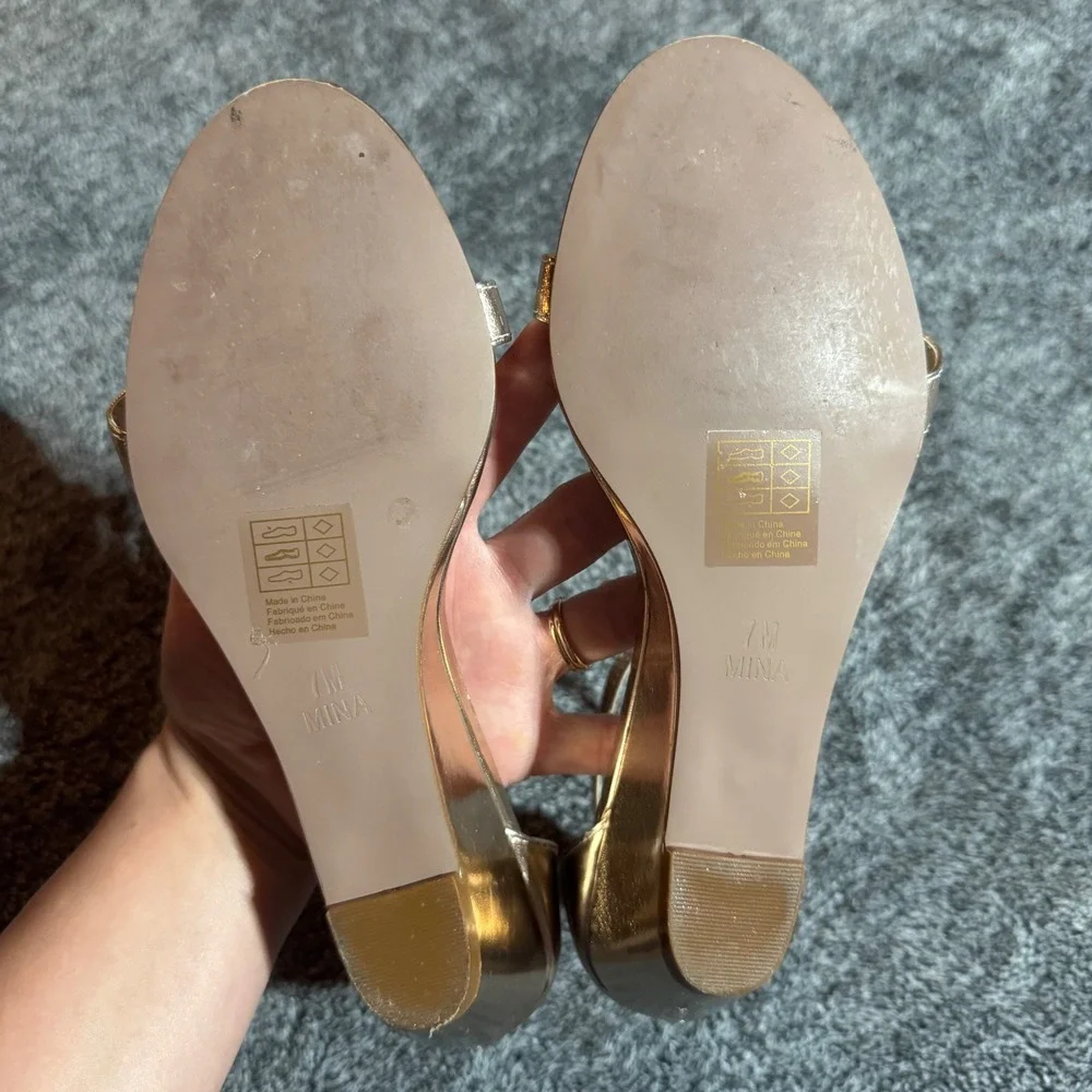 David's Bridal Mina Champagne Rhinestone Wedge Sandals Size 7M
